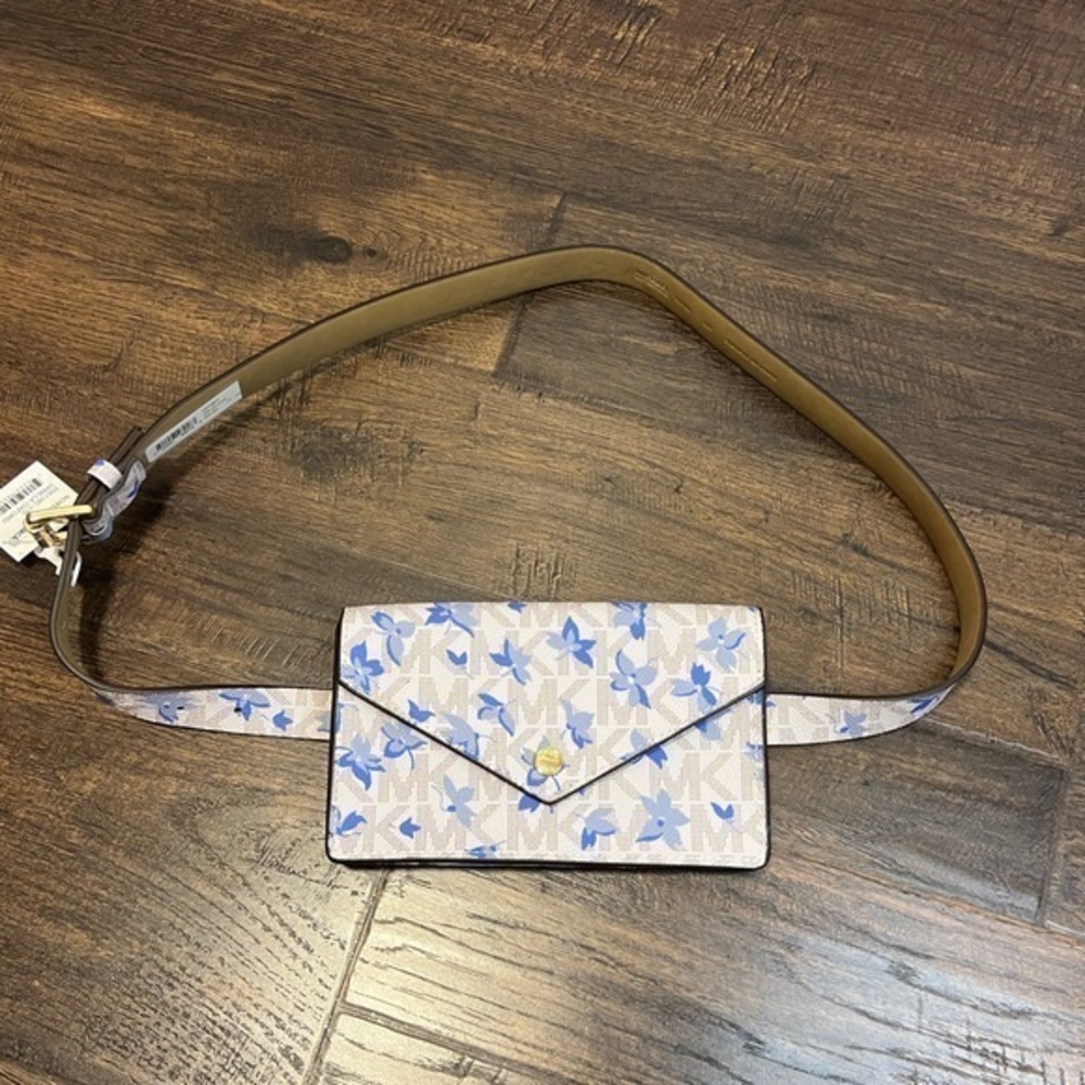 NWT Michael Kors Floral Logo Belt Bag Size L/XL Color Blue And Cream